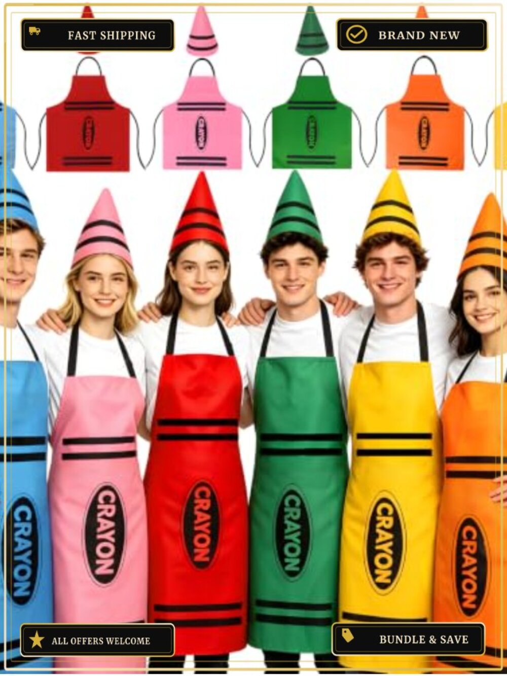 Crayon Costume Set 6 PC Apron & Gnome Cone Hats Adult One Size